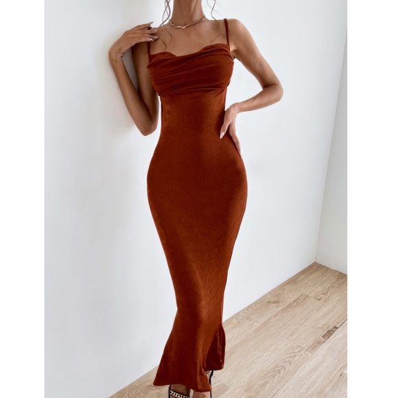 Backless Rust Brown Cowl Neck Long Slim Dress - Picture 6 of 11